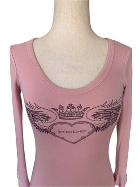 Vintage Y2K Bebe Top Pink Crown Wings Heart Logo Graphic Rhinestone S